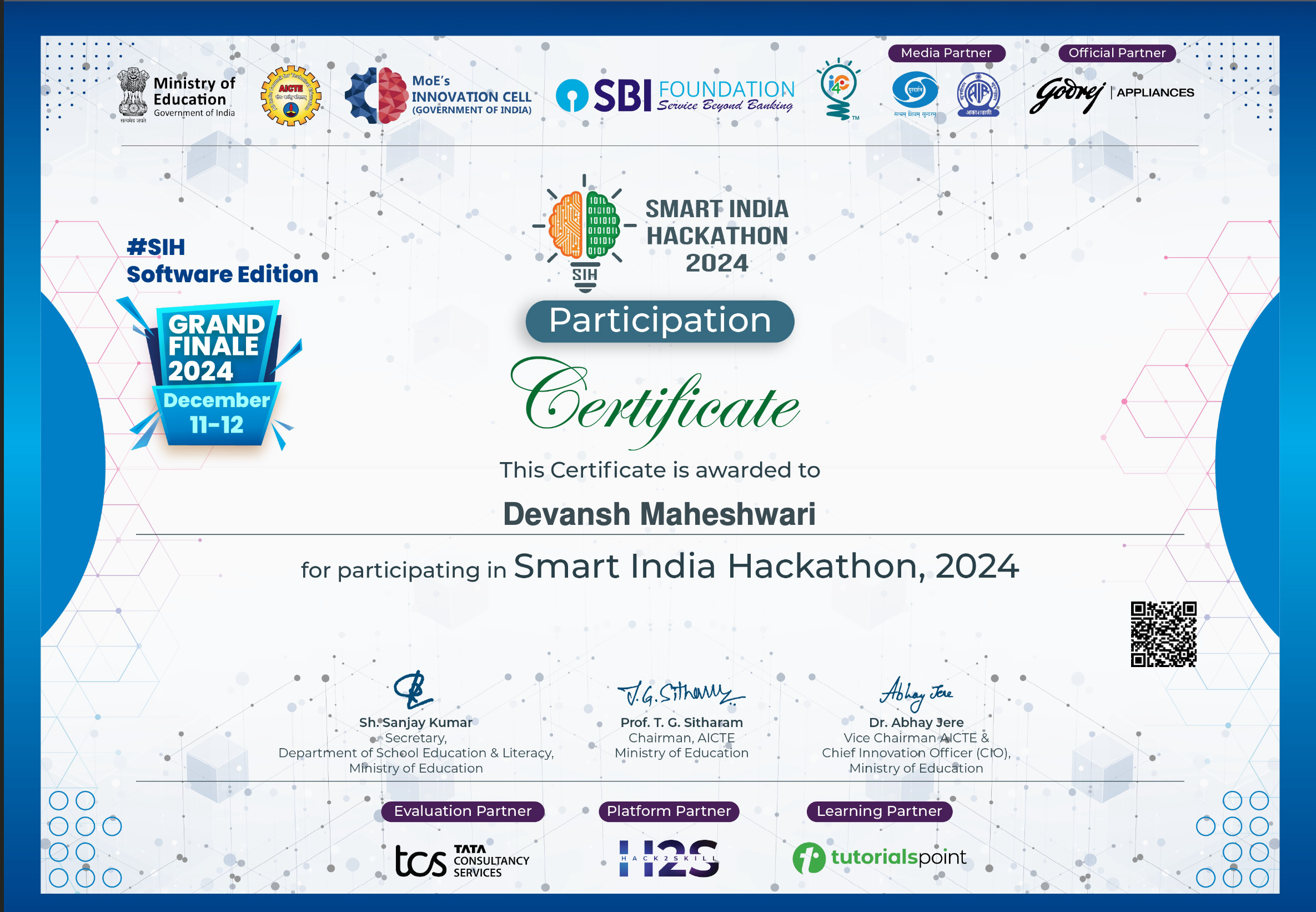 Smart India Hackathon 2024 Grand Finale Certificate